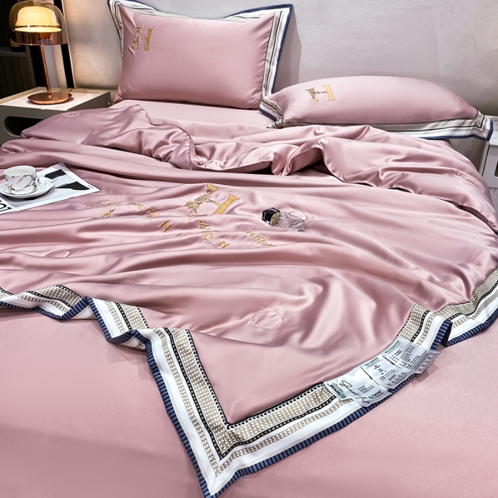 91家纺网 家纺一手货源 找家纺 丽卡家纺2023新款水洗天丝刺绣夏被四件套 华尔兹-豆沙粉