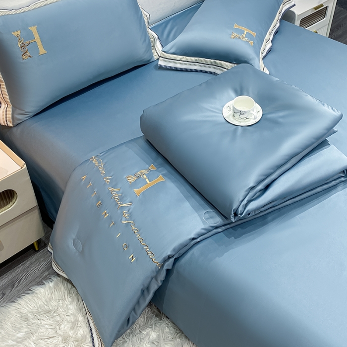 91家纺网 家纺一手货源 找家纺 丽卡家纺 2023新款水洗天丝刺绣夏被四件套 华尔兹-景蓝