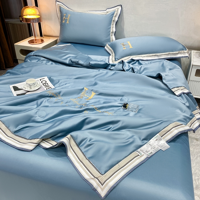 91家纺网 家纺一手货源 找家纺 丽卡家纺 2023新款水洗天丝刺绣夏被四件套 华尔兹-景蓝