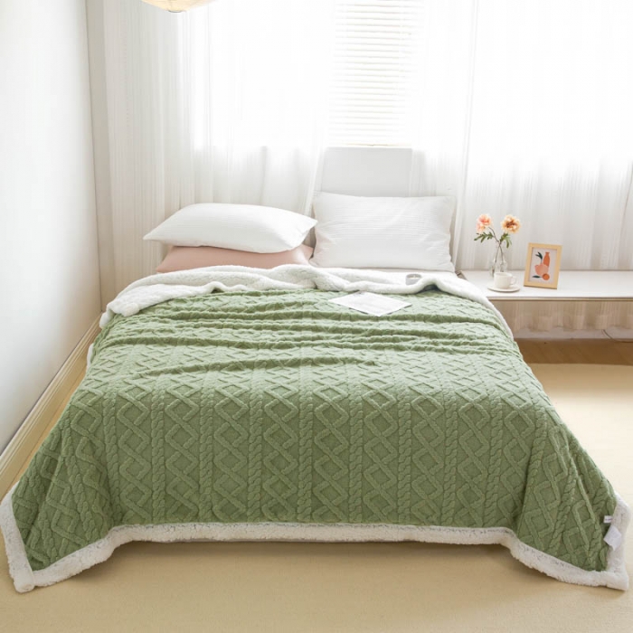 91家纺网 家纺一手货源 找家纺 羋多 2023年新款AB版提花塔芙绒羊羔绒毯子舒棉绒毛毯 茶绿-白
