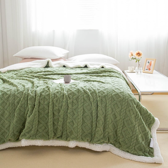 91家纺网 家纺一手货源 找家纺 羋多 2023年新款AB版提花塔芙绒羊羔绒毯子舒棉绒毛毯 茶绿-白