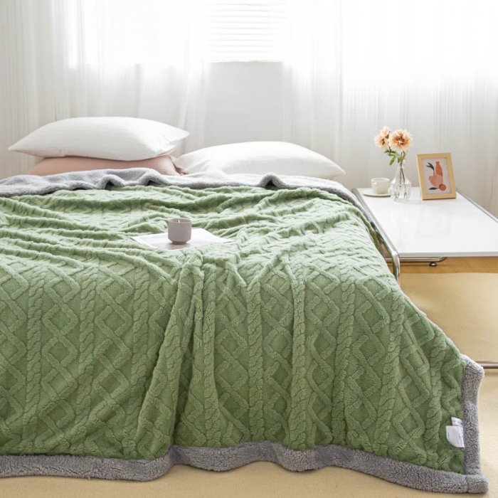 91家纺网 家纺一手货源 找家纺 羋多 2023年新款AB版提花塔芙绒羊羔绒毯子舒棉绒毛毯 茶绿-灰