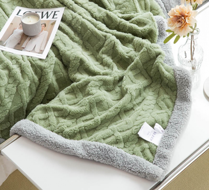 91家纺网 家纺一手货源 找家纺 羋多 2023年新款AB版提花塔芙绒羊羔绒毯子舒棉绒毛毯 茶绿-灰