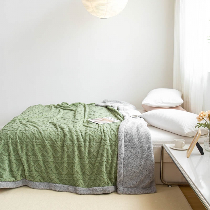 91家纺网 家纺一手货源 找家纺 羋多 2023年新款AB版提花塔芙绒羊羔绒毯子舒棉绒毛毯 茶绿-灰
