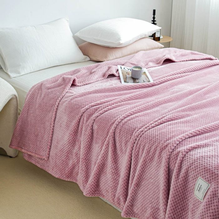 91家纺网 家纺一手货源 找家纺 羋多 2023年新款菠萝格提花毯子法莱绒云貂绒贴布毛毯 豆沙