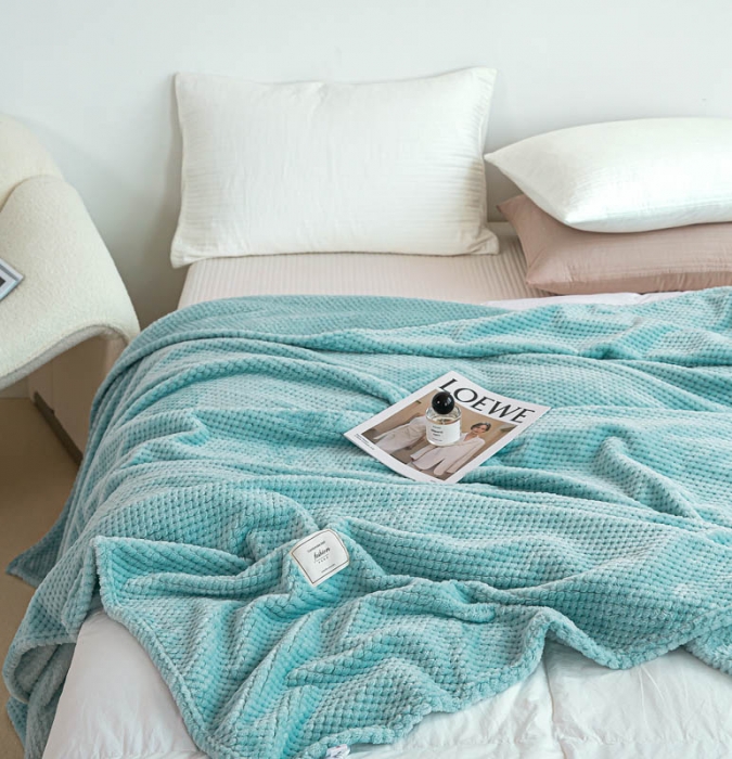 91家纺网 家纺一手货源 找家纺 羋多 2023年新款菠萝格提花毯子法莱绒云貂绒贴布毛毯 湖水蓝