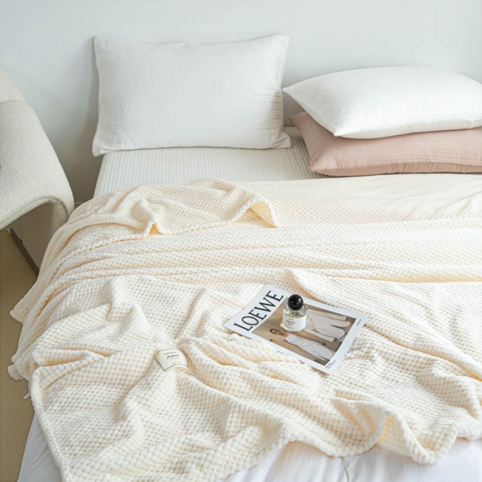 91家纺网 家纺一手货源 找家纺 羋多 2023年新款菠萝格提花毯子法莱绒云貂绒贴布毛毯 奶白