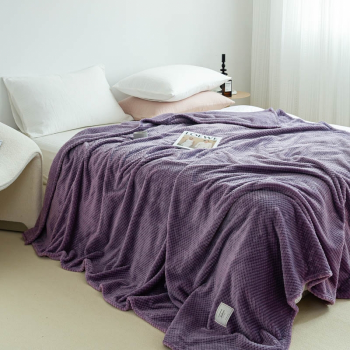 91家纺网 家纺一手货源 找家纺 羋多 2023年新款菠萝格提花毯子法莱绒云貂绒贴布毛毯 葡萄紫