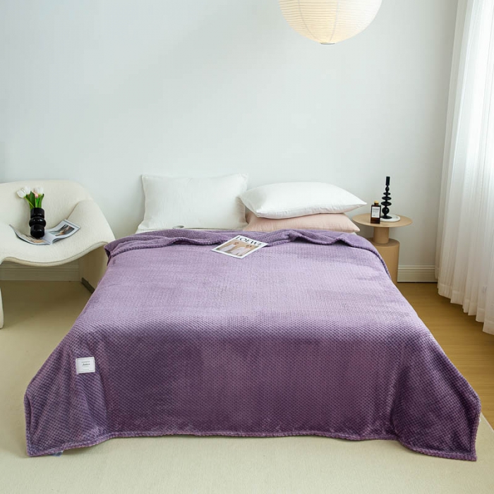 91家纺网 家纺一手货源 找家纺 羋多 2023年新款菠萝格提花毯子法莱绒云貂绒贴布毛毯 葡萄紫