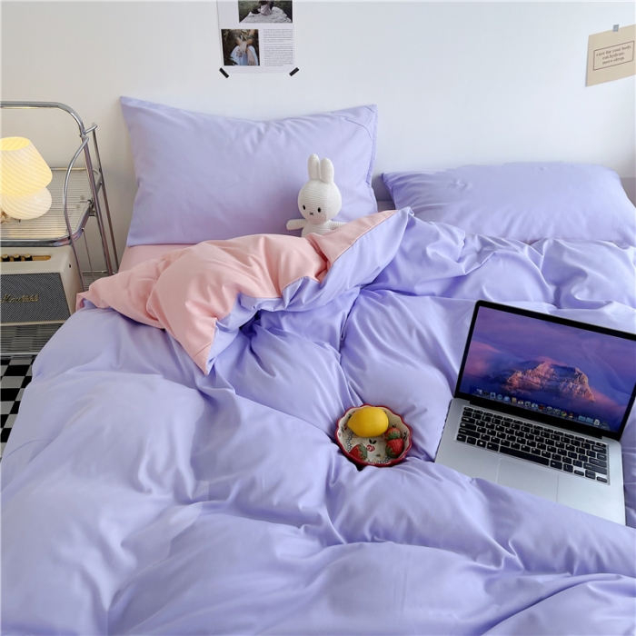 91家纺网 家纺一手货源 找家纺 曼璐家纺 105克加厚水洗棉日系无印风纯色被套床单床笠三件套丁香玉