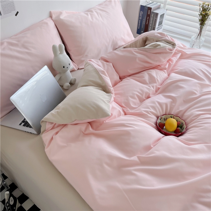 91家纺网 家纺一手货源 找家纺 曼璐家纺 105克加厚水洗棉日系无印风纯色被套床单床笠三件套粉卡其