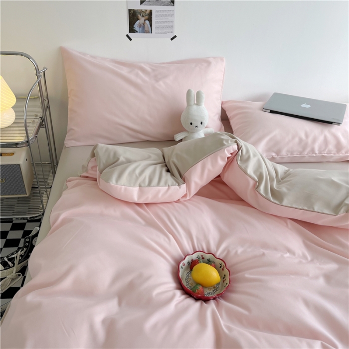 91家纺网 家纺一手货源 找家纺 曼璐家纺 105克加厚水洗棉日系无印风纯色被套床单床笠三件套粉卡其