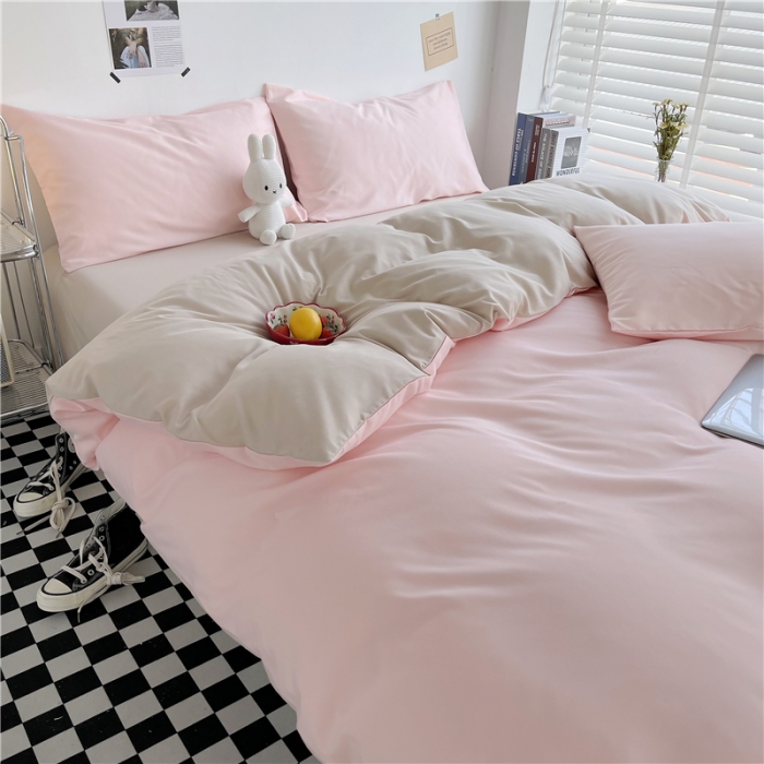 91家纺网 家纺一手货源 找家纺 曼璐家纺 105克加厚水洗棉日系无印风纯色被套床单床笠三件套粉卡其