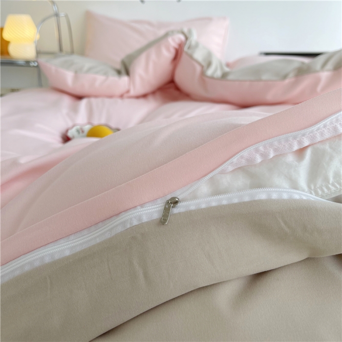 91家纺网 家纺一手货源 找家纺 曼璐家纺 105克加厚水洗棉日系无印风纯色被套床单床笠三件套粉卡其