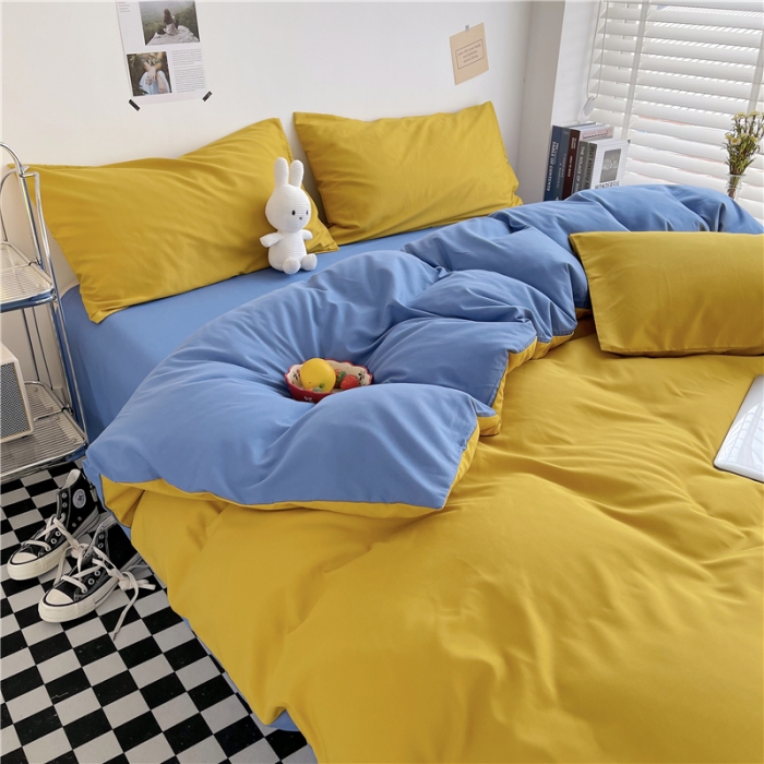 91家纺网 家纺一手货源 找家纺 曼璐家纺 105克加厚水洗棉日系无印风纯色被套床单床笠三件套姜黄兰