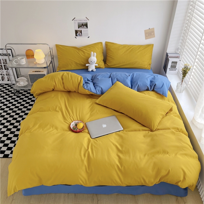 91家纺网 家纺一手货源 找家纺 曼璐家纺 105克加厚水洗棉日系无印风纯色被套床单床笠三件套姜黄兰
