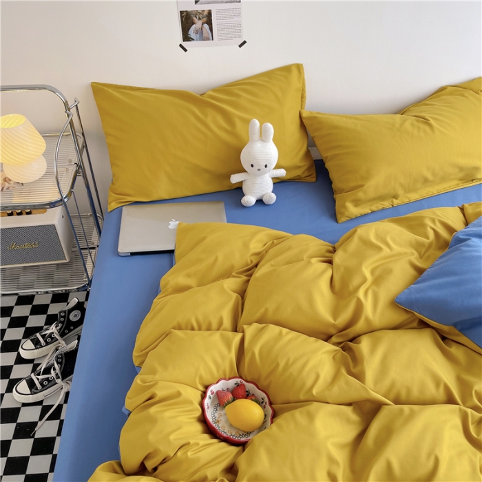 91家纺网 家纺一手货源 找家纺 曼璐家纺 105克加厚水洗棉日系无印风纯色被套床单床笠三件套姜黄兰