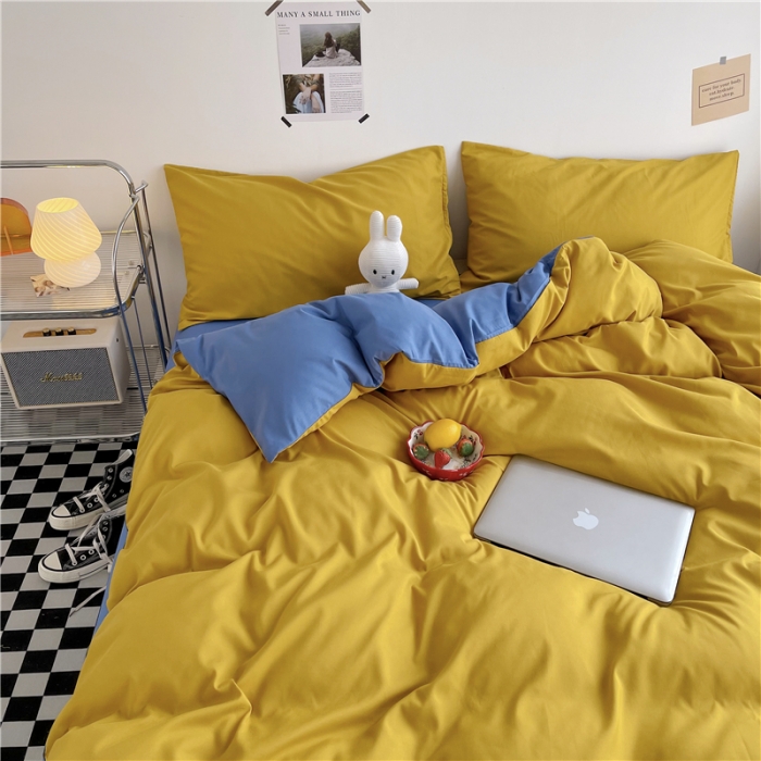 91家纺网 家纺一手货源 找家纺 曼璐家纺 105克加厚水洗棉日系无印风纯色被套床单床笠三件套姜黄兰