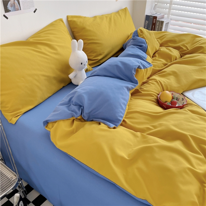 91家纺网 家纺一手货源 找家纺 曼璐家纺 105克加厚水洗棉日系无印风纯色被套床单床笠三件套姜黄兰