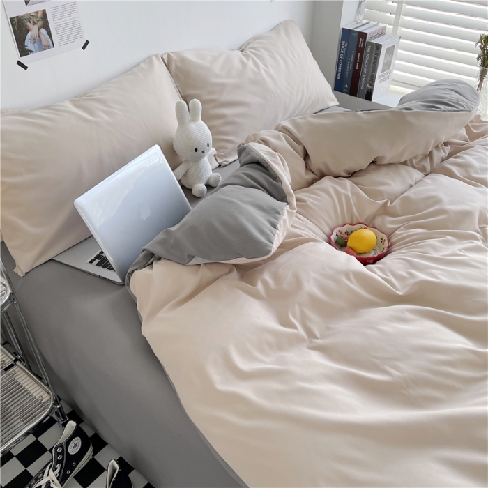 91家纺网 家纺一手货源 找家纺 曼璐家纺 105克加厚水洗棉日系无印风纯色被套床单床笠三件套卡其灰