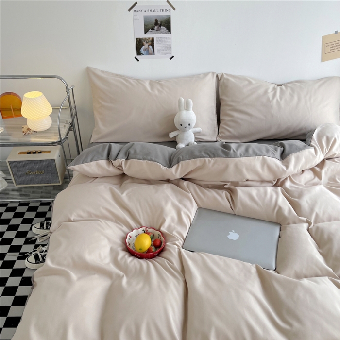 91家纺网 家纺一手货源 找家纺 曼璐家纺 105克加厚水洗棉日系无印风纯色被套床单床笠三件套卡其灰