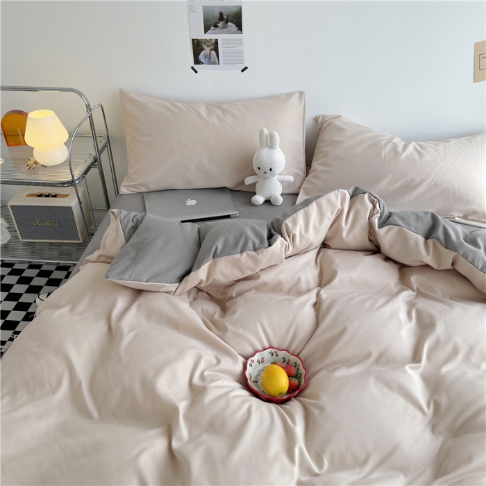 91家纺网 家纺一手货源 找家纺 曼璐家纺 105克加厚水洗棉日系无印风纯色被套床单床笠三件套卡其灰