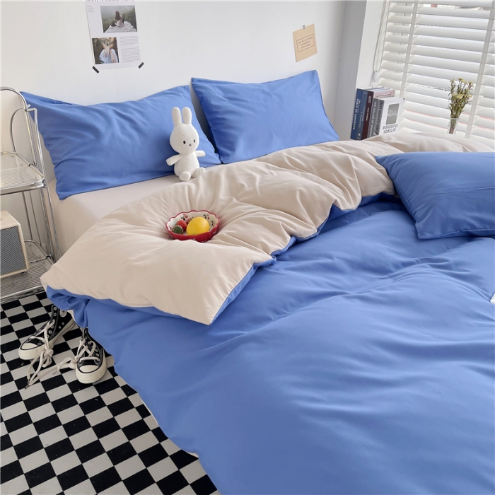 91家纺网 家纺一手货源 找家纺 曼璐家纺 105克加厚水洗棉日系无印风纯色被套床单床笠三件套蓝卡其