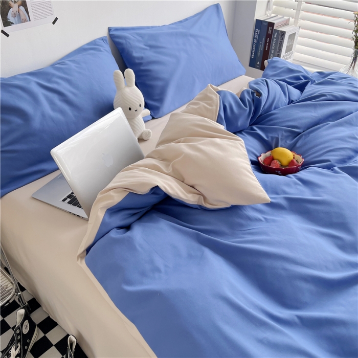 91家纺网 家纺一手货源 找家纺 曼璐家纺 105克加厚水洗棉日系无印风纯色被套床单床笠三件套蓝卡其