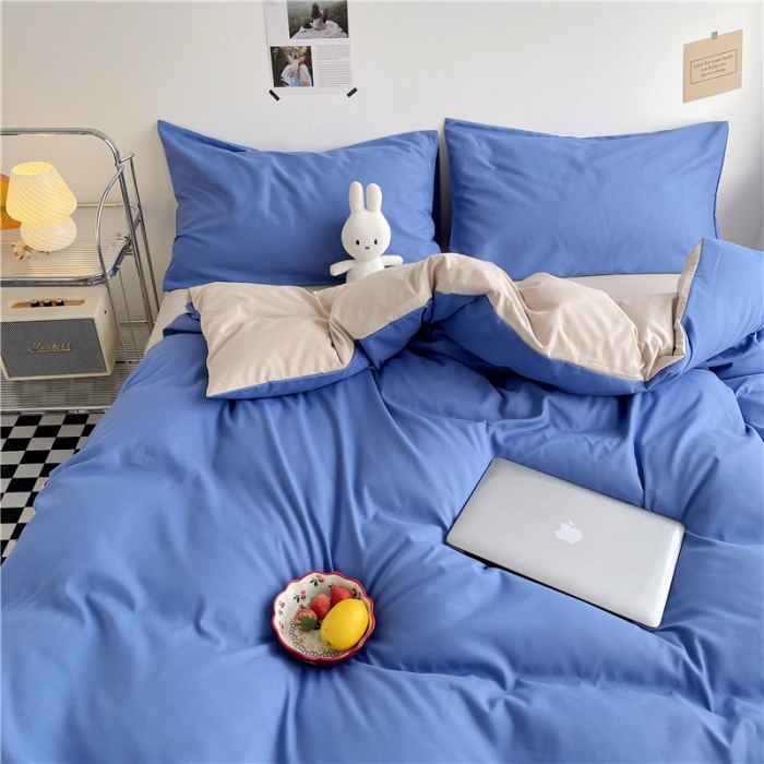 91家纺网 家纺一手货源 找家纺 曼璐家纺 105克加厚水洗棉日系无印风纯色被套床单床笠三件套蓝卡其
