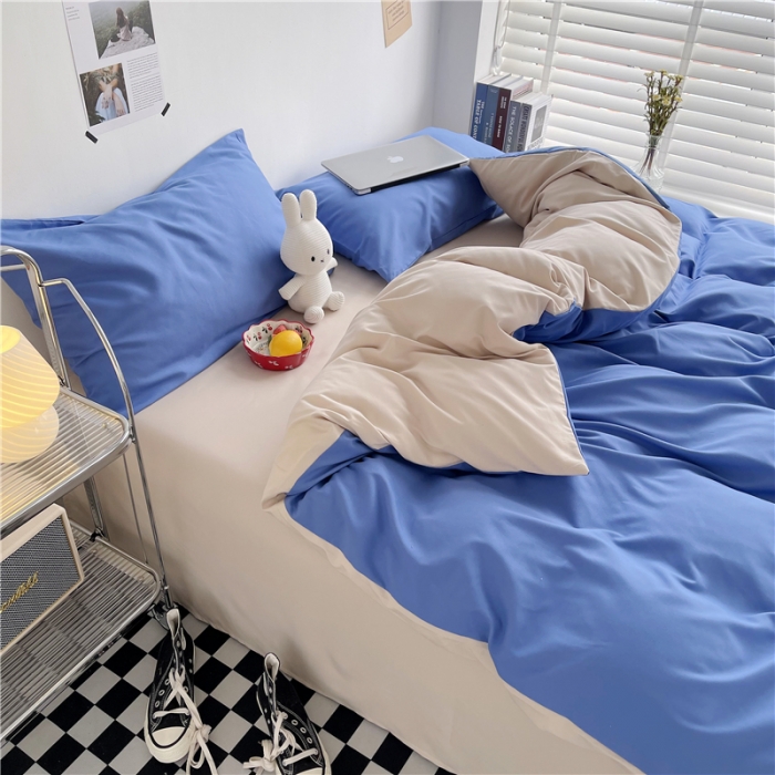 91家纺网 家纺一手货源 找家纺 曼璐家纺 105克加厚水洗棉日系无印风纯色被套床单床笠三件套蓝卡其