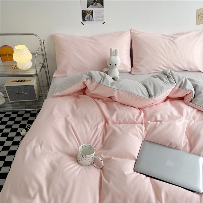 91家纺网 家纺一手货源 找家纺 曼璐家纺 105克加厚水洗棉日系无印风纯色被套床单床笠三件套蜜粉灰