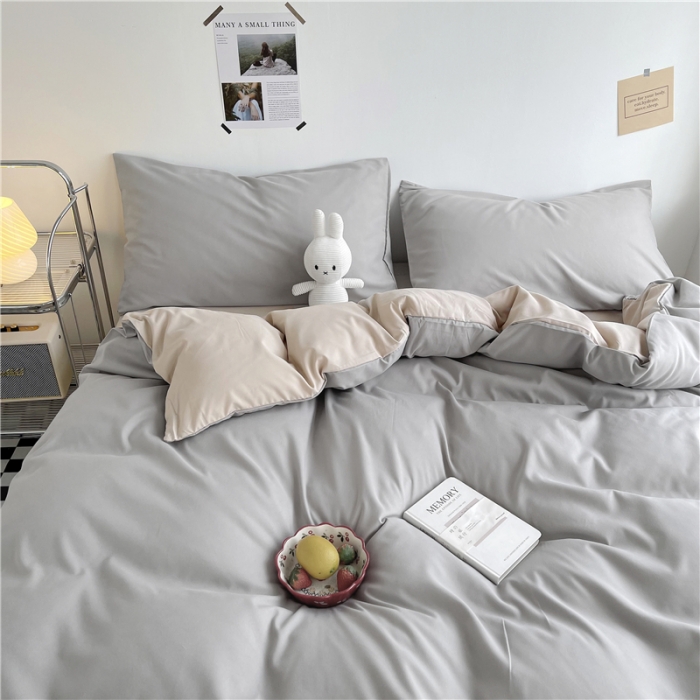 91家纺网 家纺一手货源 找家纺 曼璐 105克加厚水洗棉日系无印风纯色被套床单床笠三件套浅灰卡其