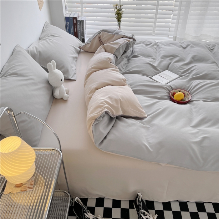 91家纺网 家纺一手货源 找家纺 曼璐 105克加厚水洗棉日系无印风纯色被套床单床笠三件套浅灰卡其