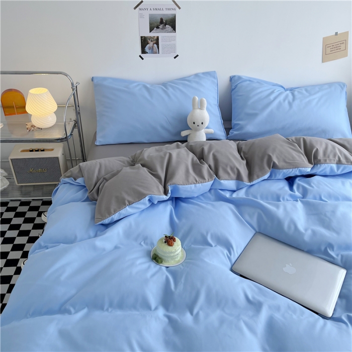 91家纺网 家纺一手货源 找家纺 曼璐家纺 105克加厚水洗棉日系无印风纯色被套床单床笠三件套浅蓝灰