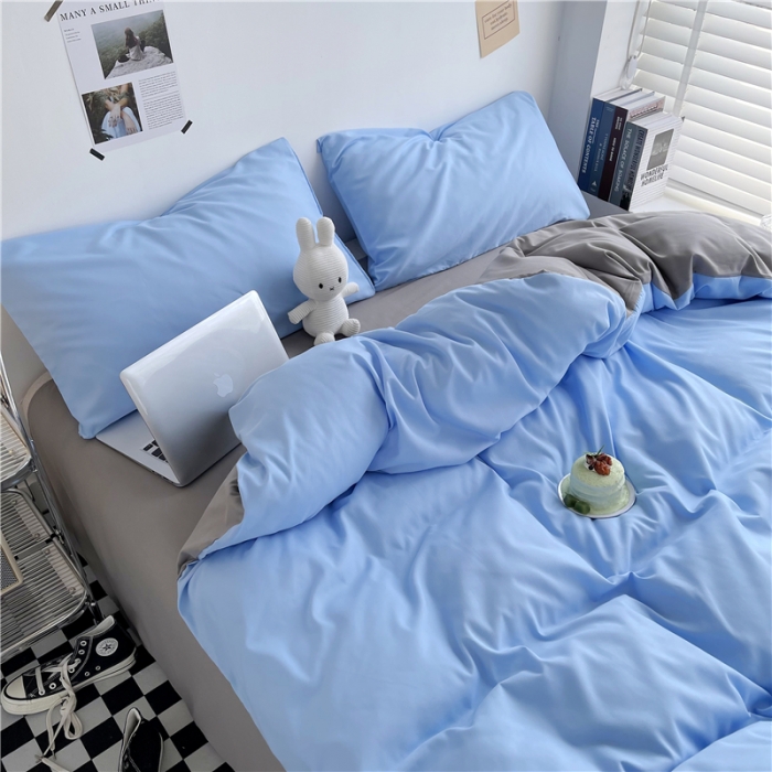91家纺网 家纺一手货源 找家纺 曼璐家纺 105克加厚水洗棉日系无印风纯色被套床单床笠三件套浅蓝灰
