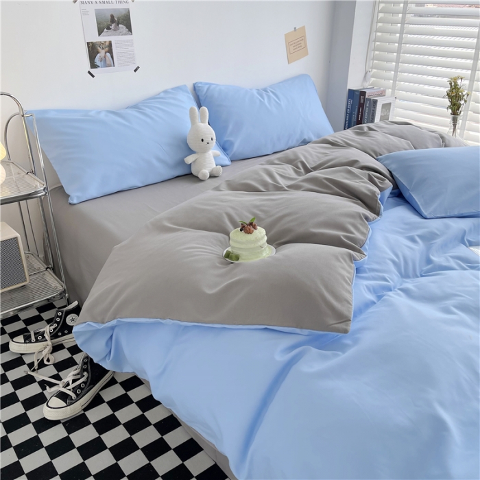 91家纺网 家纺一手货源 找家纺 曼璐家纺 105克加厚水洗棉日系无印风纯色被套床单床笠三件套浅蓝灰