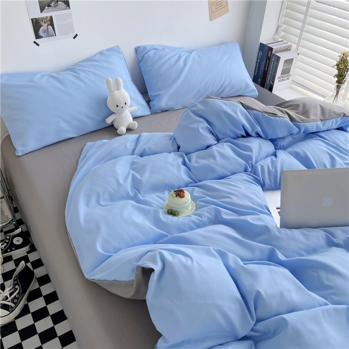 91家纺网 家纺一手货源 找家纺 曼璐家纺 105克加厚水洗棉日系无印风纯色被套床单床笠三件套浅蓝灰