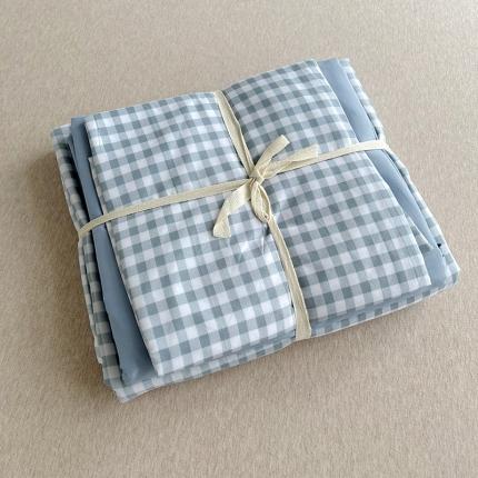 曼璐家纺 105克加厚水洗棉日系无印风纯色被套床单床笠三件套蓝小格