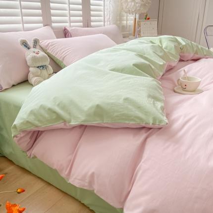 91家纺网 家纺一手货源 找家纺 雨帆家纺 2023新款ins风水洗棉磨毛四件套 奶粉绿双拼