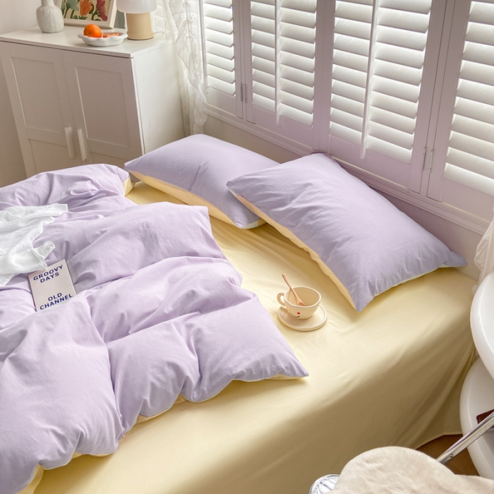 91家纺网 家纺一手货源 找家纺 雨帆家纺 2023新款ins风水洗棉磨毛四件套 紫芝士双拼