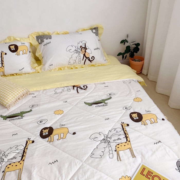 91家纺网 家纺一手货源 找家纺 顾里家纺 2022新款ins韩系治 愈小清新水洗棉夏被套件 动物世界