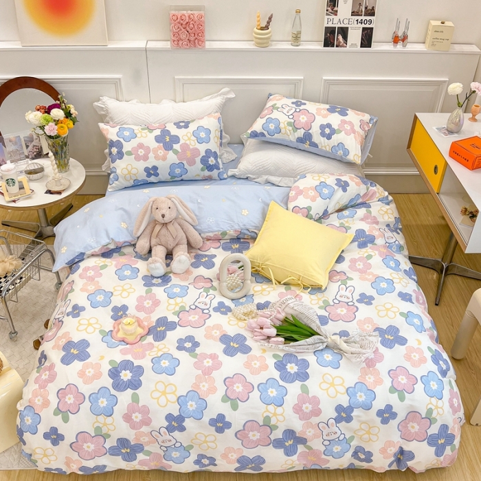 91家纺网 家纺一手货源 找家纺 顾里家纺 2022新款ins韩系全棉13372四件套 花朵小兔