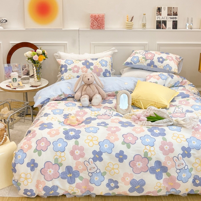 91家纺网 家纺一手货源 找家纺 顾里家纺 2022新款ins韩系全棉13372四件套 花朵小兔