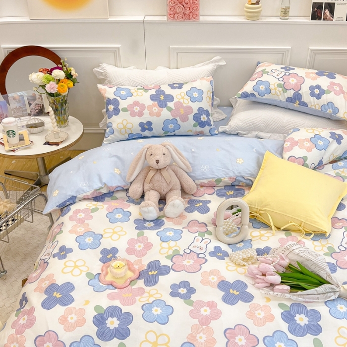 91家纺网 家纺一手货源 找家纺 顾里家纺 2022新款ins韩系全棉13372四件套 花朵小兔