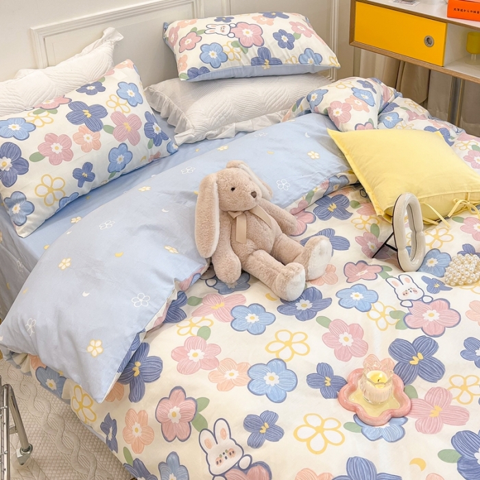 91家纺网 家纺一手货源 找家纺 顾里家纺 2022新款ins韩系全棉13372四件套 花朵小兔