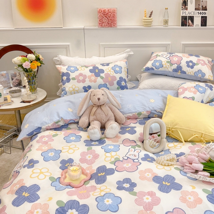 91家纺网 家纺一手货源 找家纺 顾里家纺 2022新款ins韩系全棉13372四件套 花朵小兔