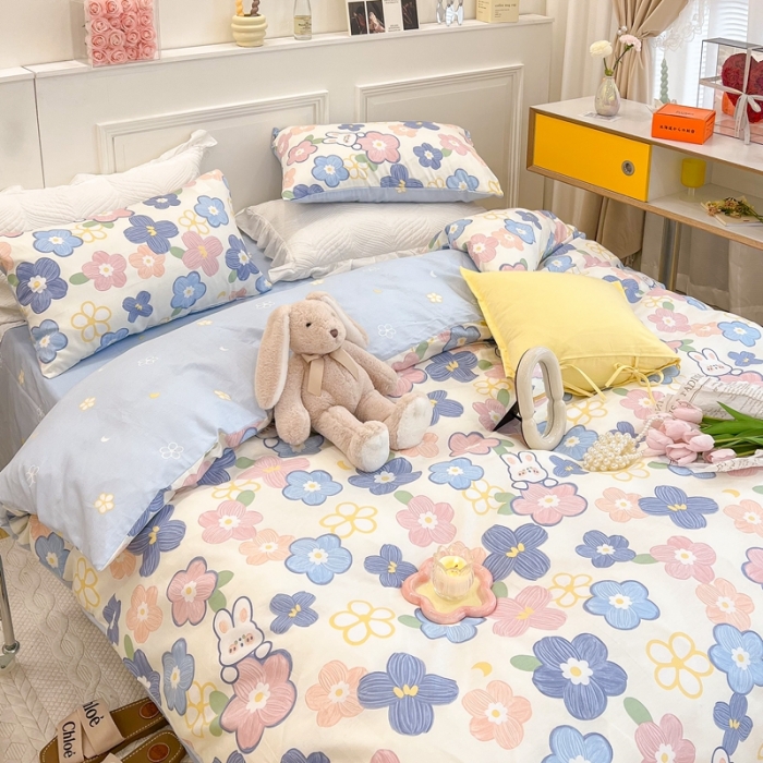 91家纺网 家纺一手货源 找家纺 顾里家纺 2022新款ins韩系全棉13372四件套 花朵小兔