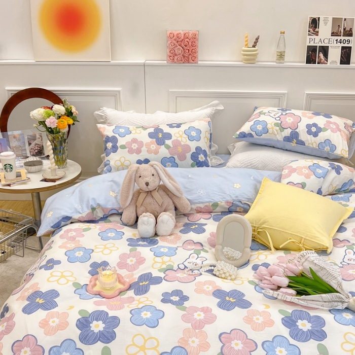 91家纺网 家纺一手货源 找家纺 顾里家纺 2022新款ins韩系全棉13372四件套 花朵小兔