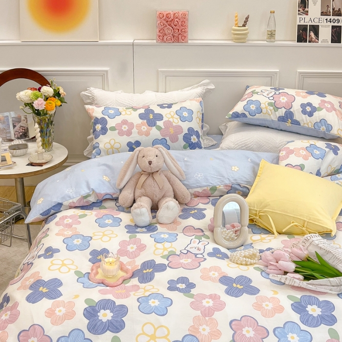 91家纺网 家纺一手货源 找家纺 顾里家纺 2022新款ins韩系全棉13372四件套 花朵小兔