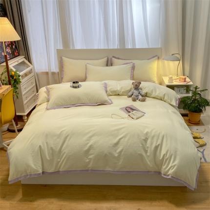 91家纺网 家纺一手货源 找家纺 （总）眠帛家居 2022新款水洗棉磨毛拼色嵌边四件套